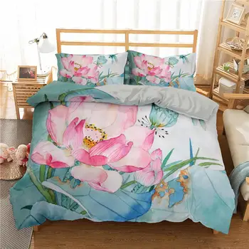 Lotus Perinu Sada Akvarelových Ružová Voda Ibištek posteľná bielizeň Nastaviť Kvet Botanická Polyester Deka Kryt pre Dievčatá Dospievajúce Ženy