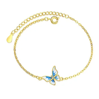 Roztomilé Modré Smalt Motýľ Zlata Farba Reťazca Náramok Pre Ženy Fenku Svadobný Darček K Narodeninám 925 Strieborné Šperky
